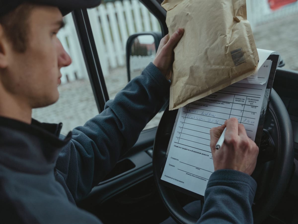A tradesperson filling in paperwork at a delivery
